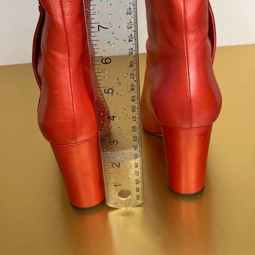 Jimmy Choo Boots Dayno Leather Mid Calf Vibrant Red Gold Button Closure Boots - Picture 11 of 16